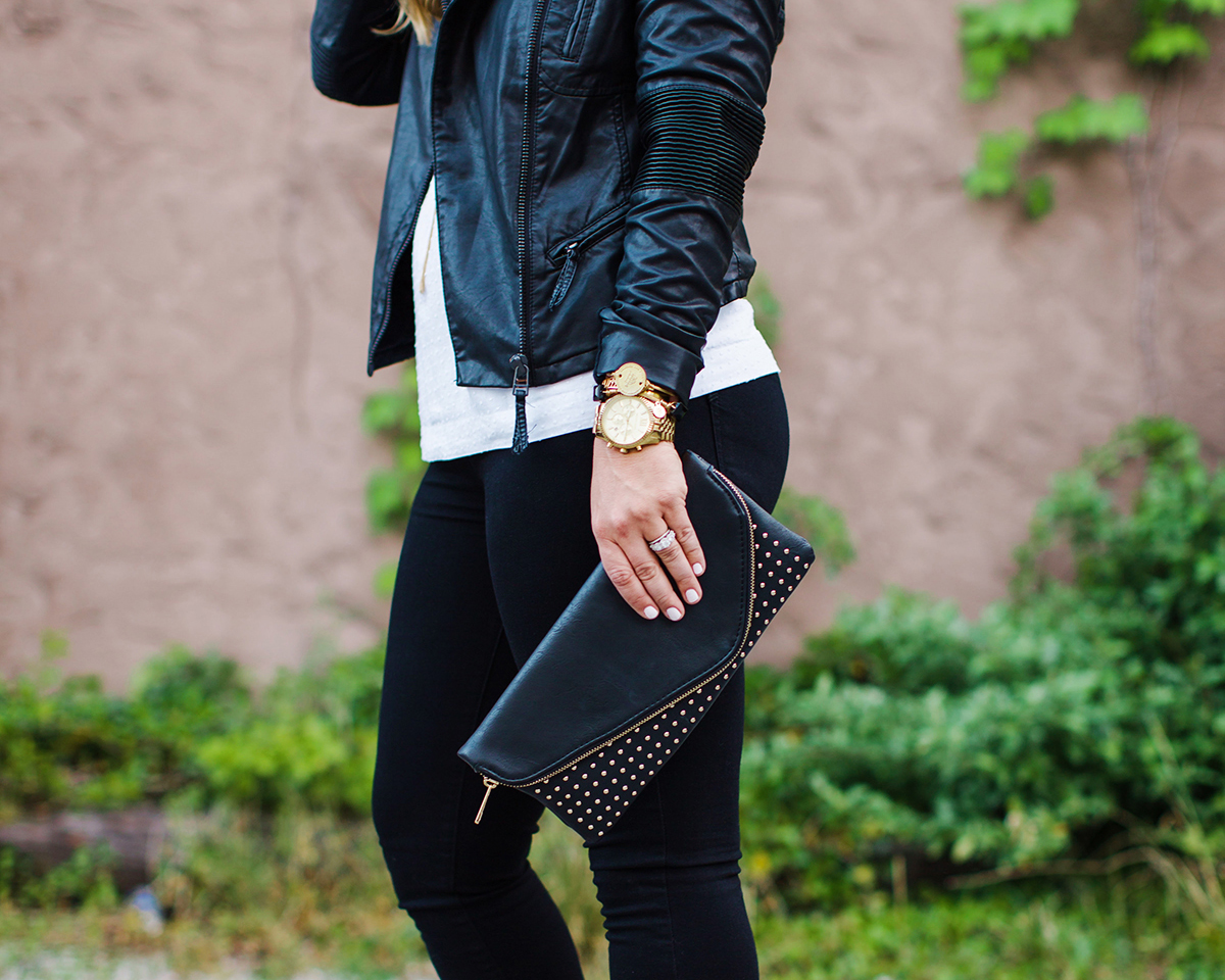 Blank NYC leather jacket, sole society clutch, dinner outfit inspiration