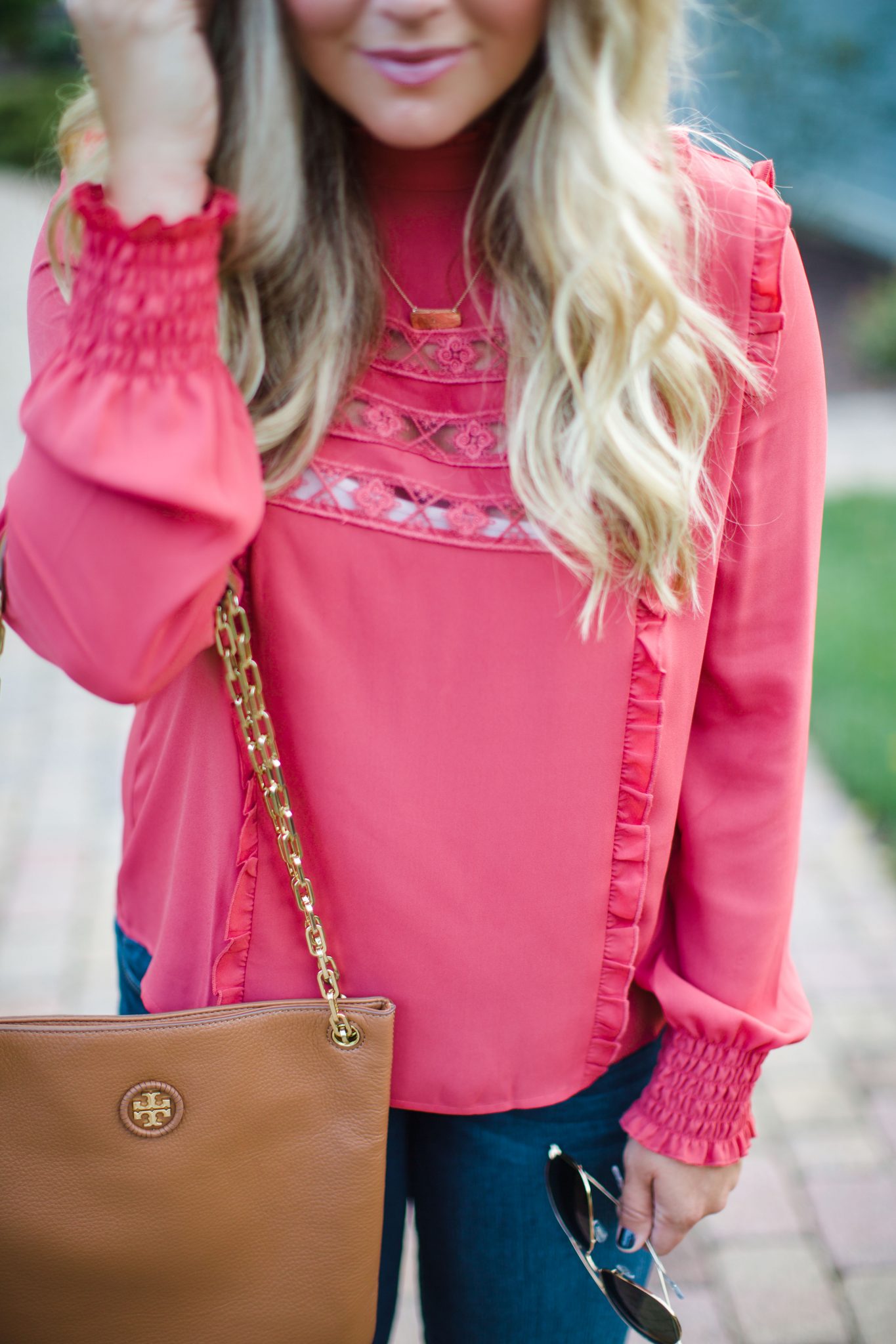 Coral top & tan accessories, fall outfit
