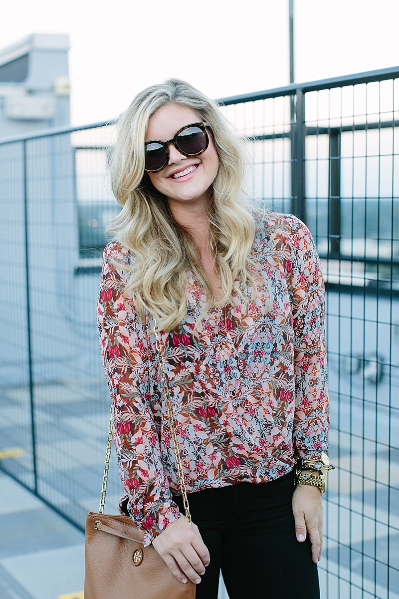 Sheer Floral Top, Black Pants & Tan Accessories, Early fall outfit inspiration by Cristin of The Southern Style Guide