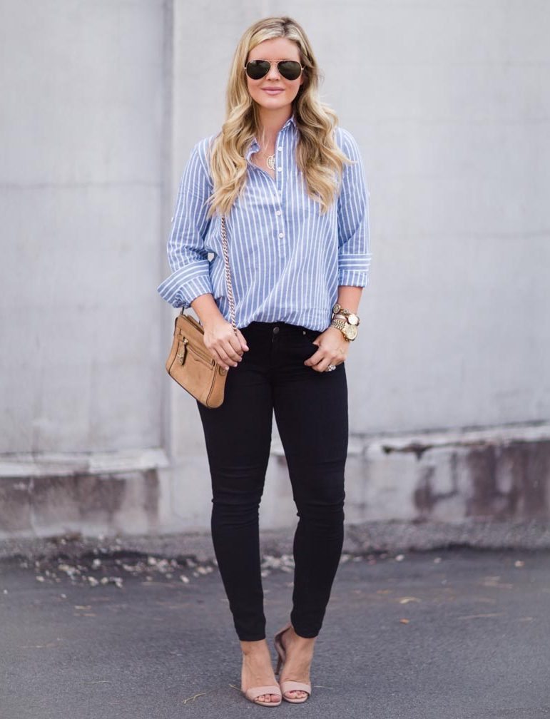 jcrew striped top and skinny jeans, fall outfit inspiration from the southern style guide