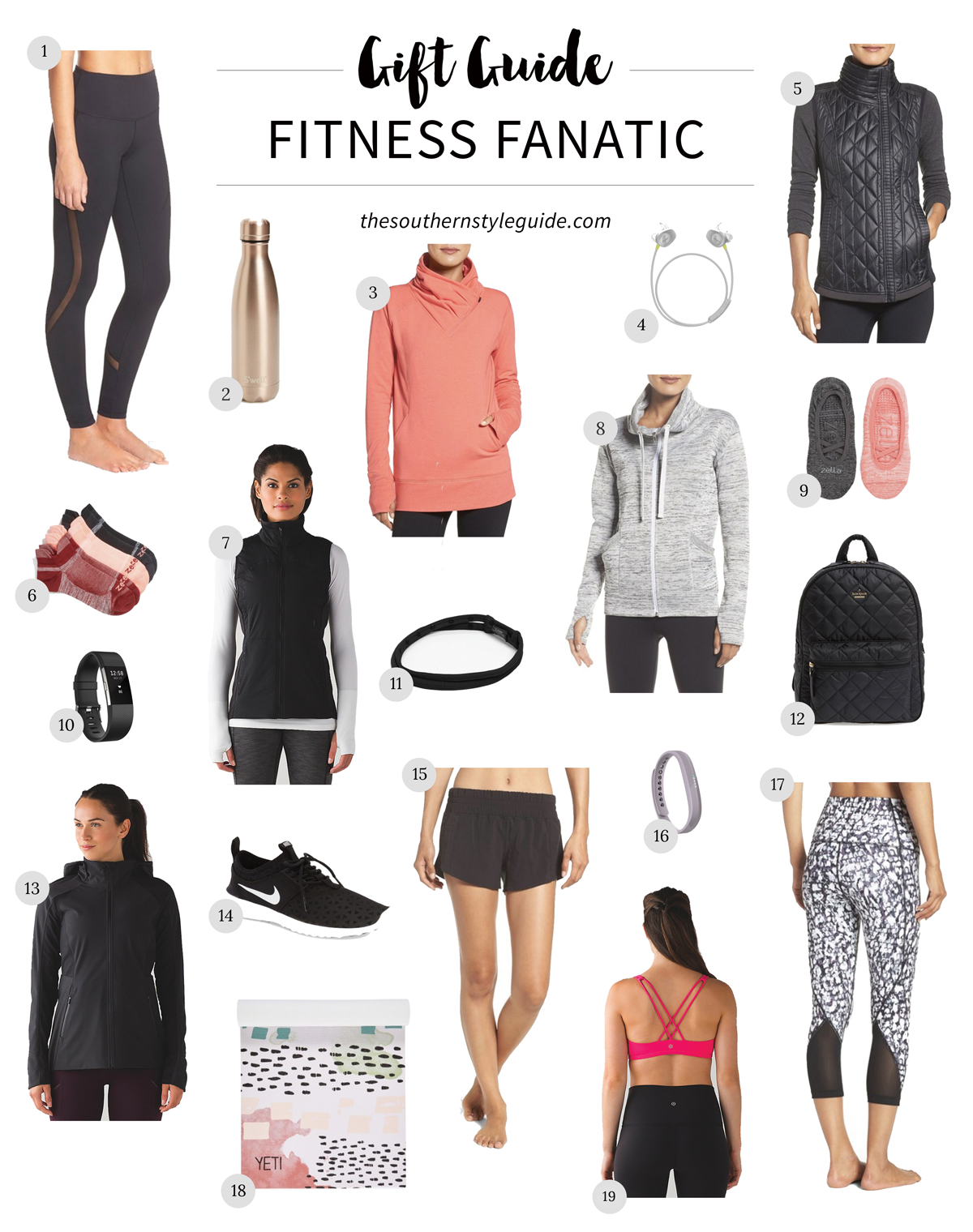 fitness gifts, gift guide, christmas gifts, christmas gift guide, workout apparel, cute workout clothes, fitness accessories, gym bag, in-ear earphones, pull-overs, lululemon workout clothes