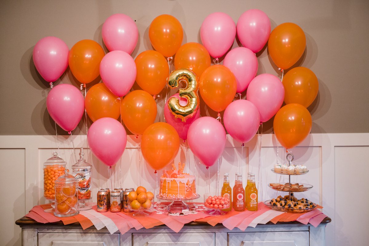 pink party, orange party, little girls birthday party, birthday party, balloon wall, candy cake, monochromatic party