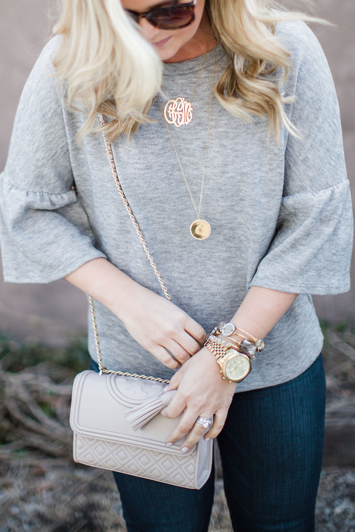 grey ruffle sleeve top, grey top with bell sleeves, grey top, grey sweater, bell sleeve top, date night outfit, spring outfit inspiration, outfit inspiration, southern style, southern blogger, greenville blogger