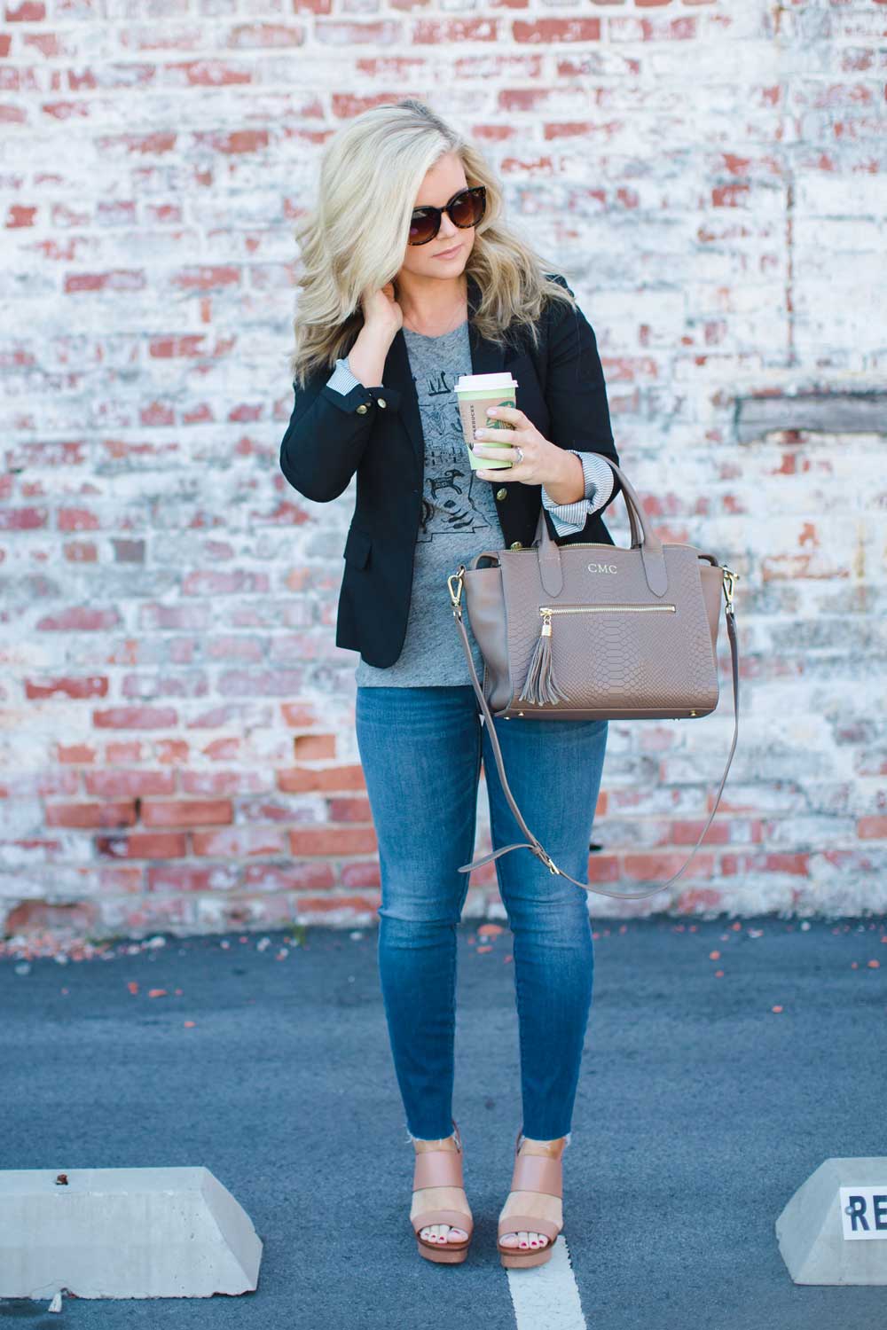 High waisted skinny jeans, frayed skinny jeans, blazer and skinny jeans, spring outfit inspiration from Cristin Cooper of The Southern Style Guide