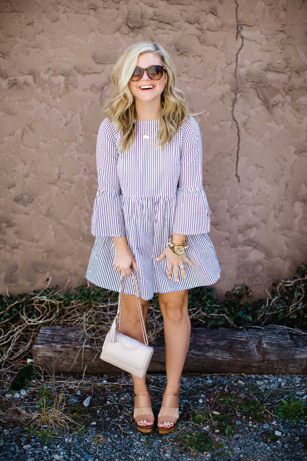 Long sleeve dress, Striped dress, Bell sleeve dress, Spring Dress - Shopbop long sleeve spring dress styled by popular South Carolina fashion blogger, The Southern Style Guide.