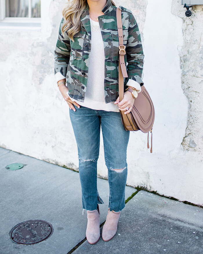 Casual fall outfit with a camo jacket, sweater and distressed jeans from The Southern Style Guide