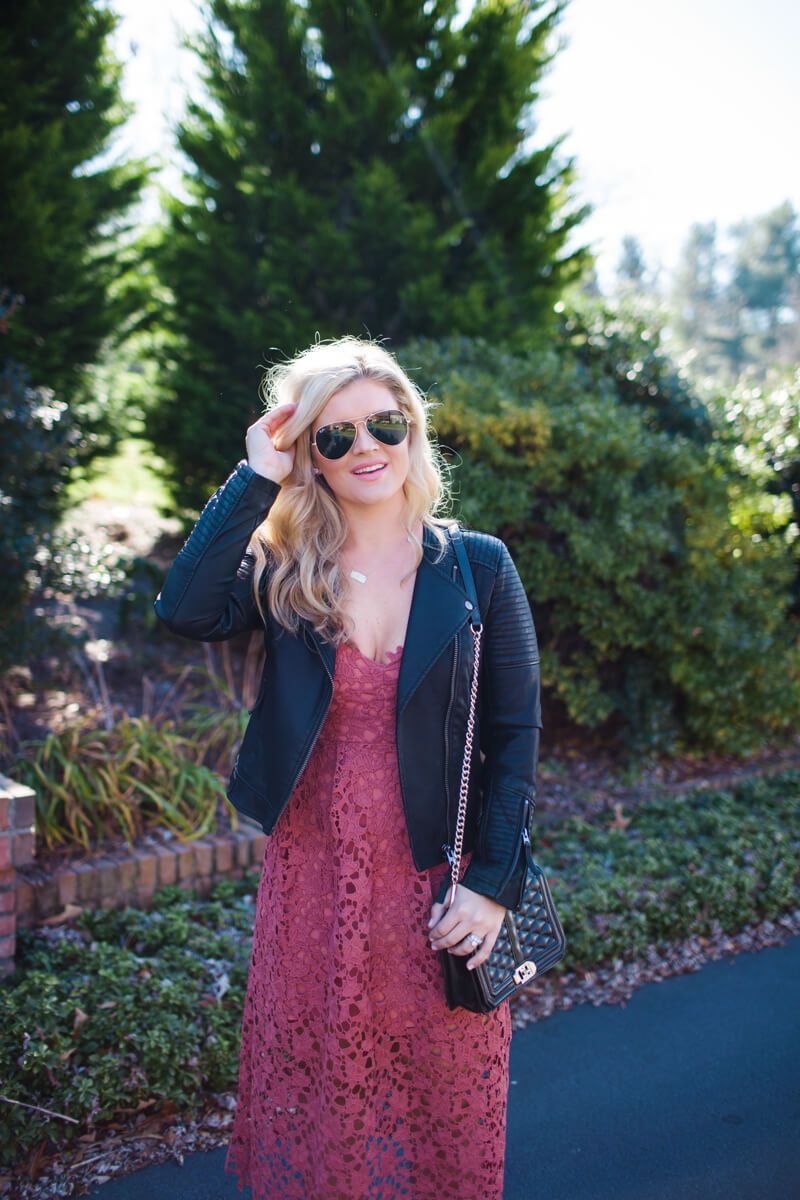 lace dress and leather jacket holiday outfit