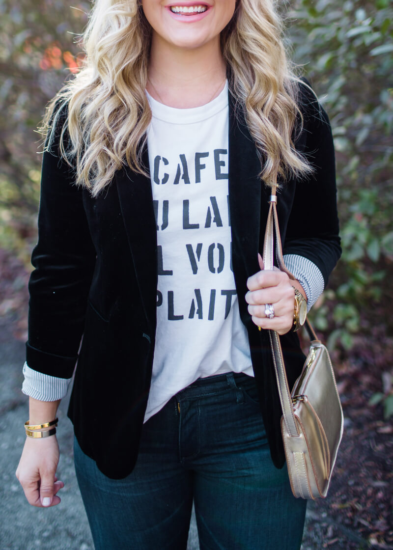 Holiday party outfit, velvet blazer & graphic tee