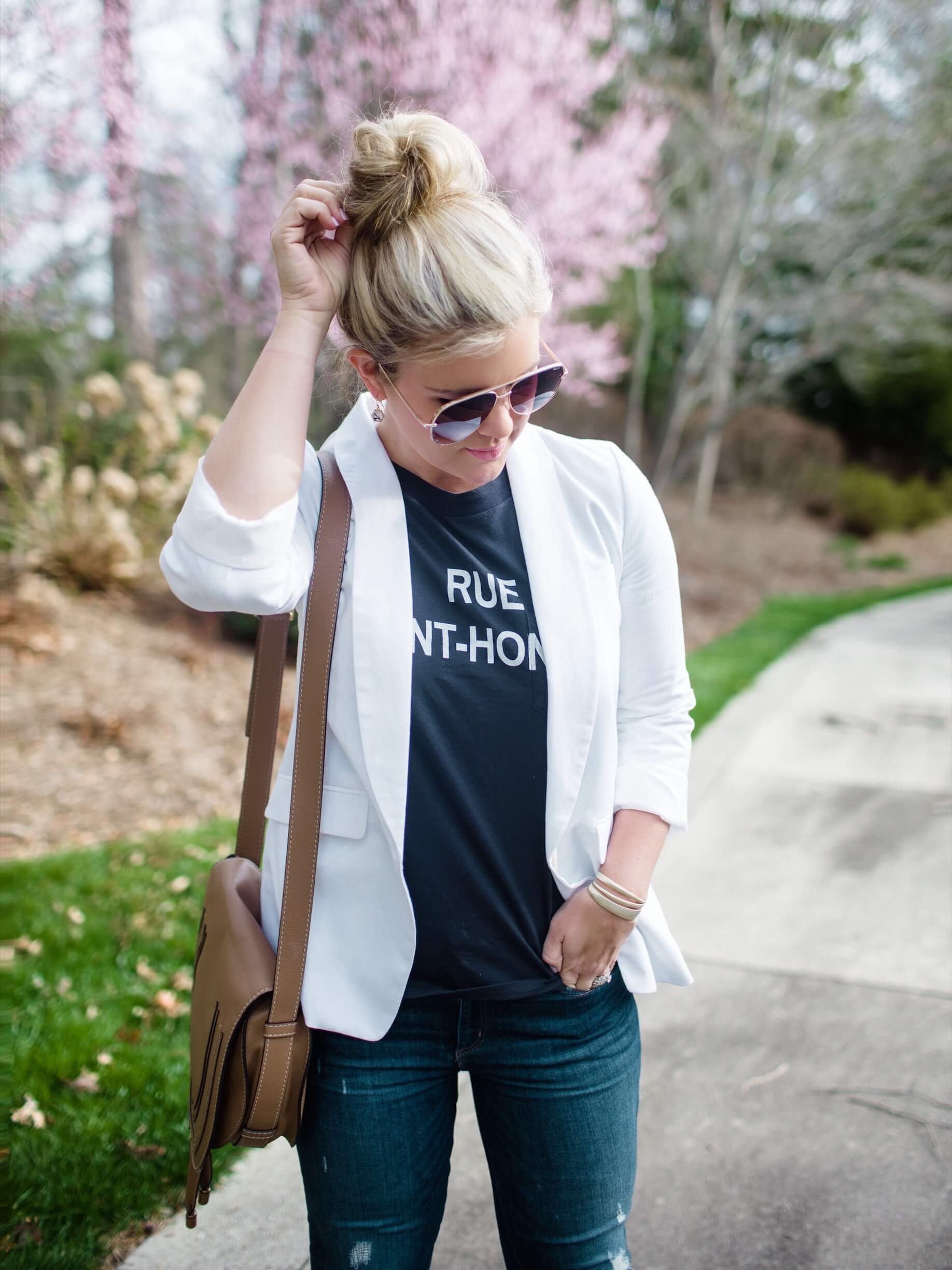 casual spring outfit with white blazer