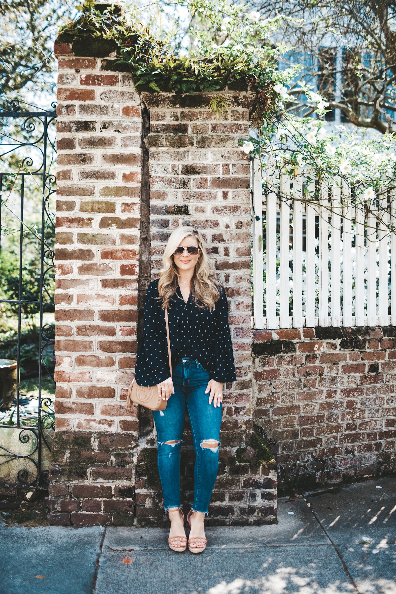 Loft Friends & Family Sale, Navy bell sleeve blouse outfit from SC NC style blogger Cristin Cooper - Friends & Family Loft Sale featured by popular South Carolina fashion blogger The Southern Style Guide