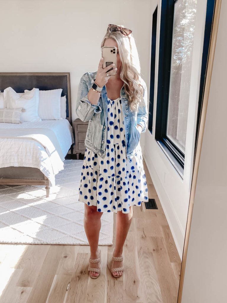 White and blue polka dot dress