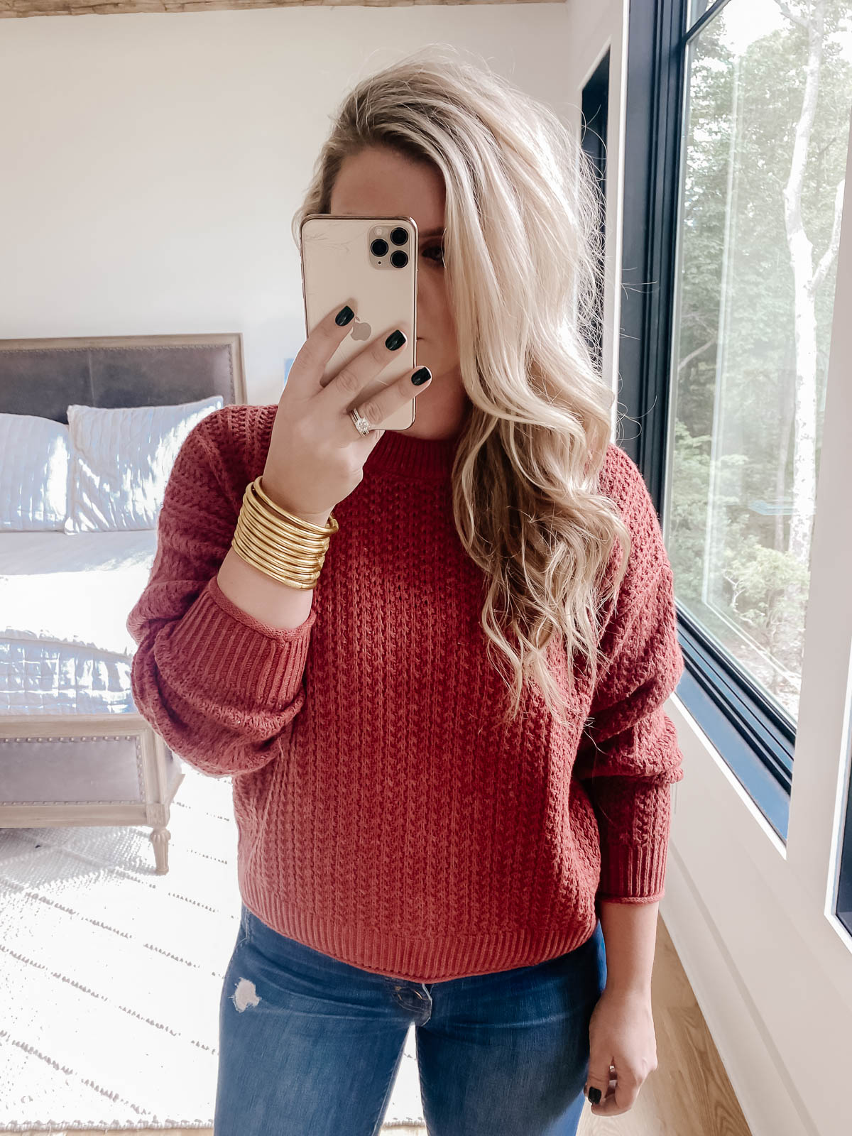 Rust colored, maroon, crewneck sweater for fall