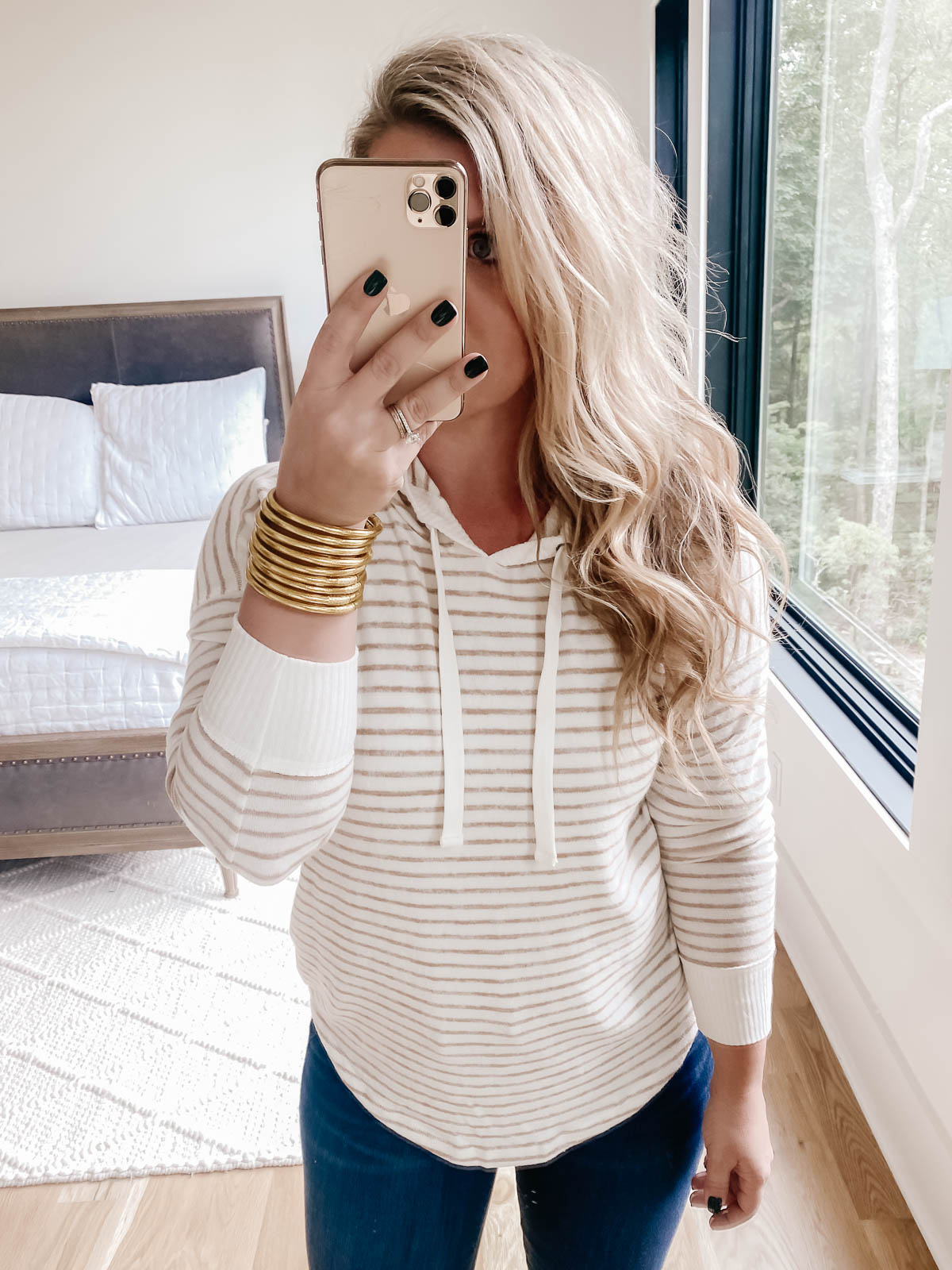 Fall style featuring striped hoodie