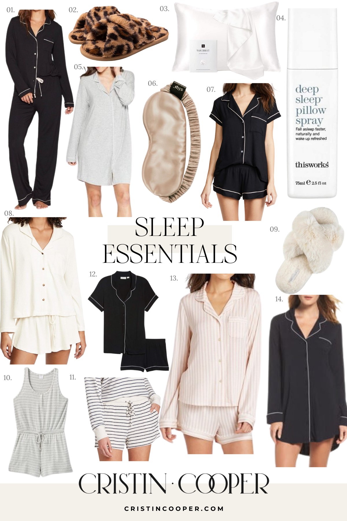 Cristin Cooper's sleep essentials, sleepwear and pajamas for a good night's sleep.
